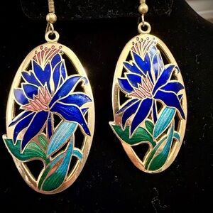 Vintage Laurel Burch Cloisonné drop earrings / blue enamel Iris